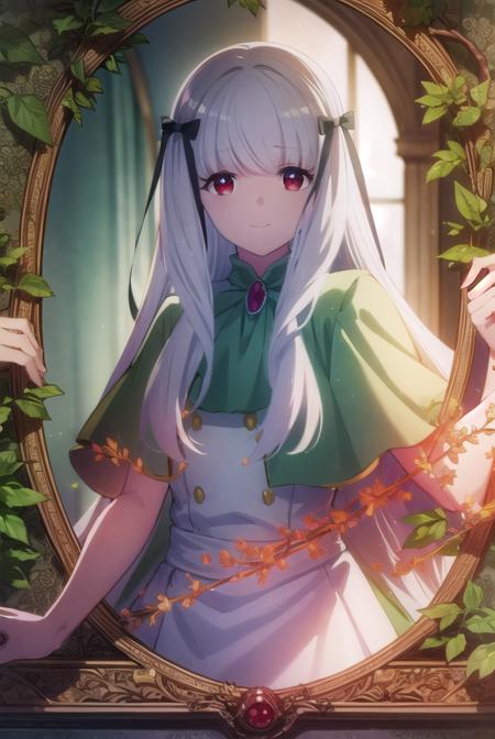 sophiaascart, <lora:sophia ascart s2-lora-nochekaiser:1>,
sophia ascart, long hair, bangs, (red eyes:1.3), bow, ribbon, hair ribbon, white hair, hair bow, black bow, smile,
BREAK dress, brooch, green dress, capelet, ascot, white ascot, gemstone, red gemstone,
BREAK indoors,
BREAK looking at viewer, (cowboy shot:1.5),
BREAK <lyco:GoodHands-beta2:1>, (masterpiece:1.2), best quality, high resolution, unity 8k wallpaper, (illustration:0.8), (beautiful detailed eyes:1.6), extremely detailed face, perfect lighting, extremely detailed CG, (perfect hands, perfect anatomy),