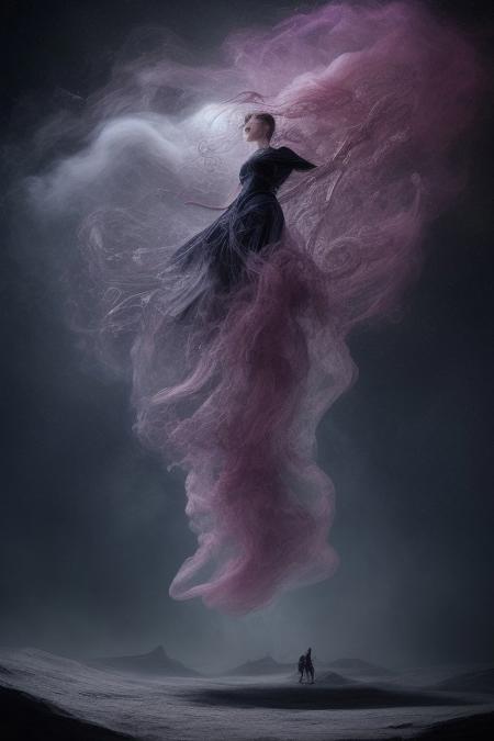 surreal, waltz of fractal smoke over the abyss, fantasy smoke, dresses and stars, dynamics, movement, wind, colorful, intricate details, perspective, hyper-detailed, hyper-realism, professional photoshoot