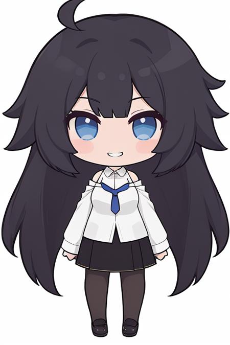 bhxy3, 
1girl, solo, black background, chibi, pleated skirt, blue eyes, black skirt, smile, black footwear, black shirt, long hair, full body, simple background, ahoge, blush stickers, looking at viewer, long sleeves, detached sleeves, black pantyhose, grin, white hair, standing, necklace, breasts, jewelry, bare shoulders, front view,    <lora:ji-cc:0.6>