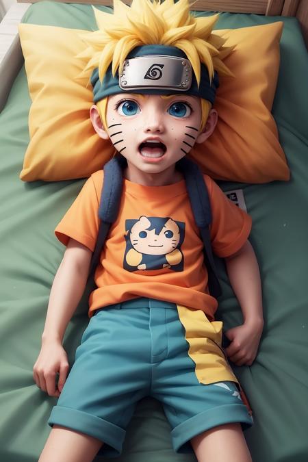 chibinaruto, 1boy, solo, male focus, blue eyes, facial mark, looking at viewer, , orange t-shirt, shorts, lying, on the bed, yawning, sunlight,