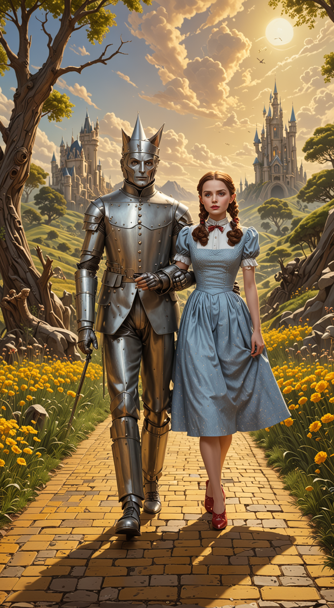 Wizard of OZ, The Tin Man and Dorothy walking down the yellow brick road. magnificent, celestial, ethereal, painterly, epi...