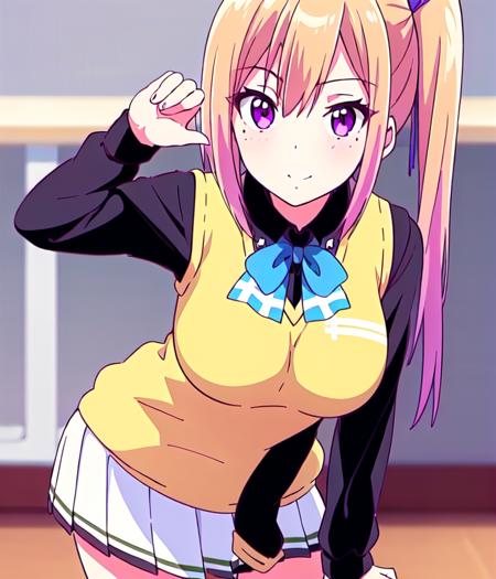 <lora:Kawakami_mai:0.8>, Kawakami_mai, 1girl, solo, solo focus, blonde hair, side ponytail, purple eyes, long hair, bangs, gradient hair, mole, large breasts, school uniform, black shirt, yellow vest, sweater vest, white skirt, pleated skirt, sneakers, black socks, dynamic pose, sexual pose, bent over, leaning forward,  hanging breasts, leaning towards viewer,