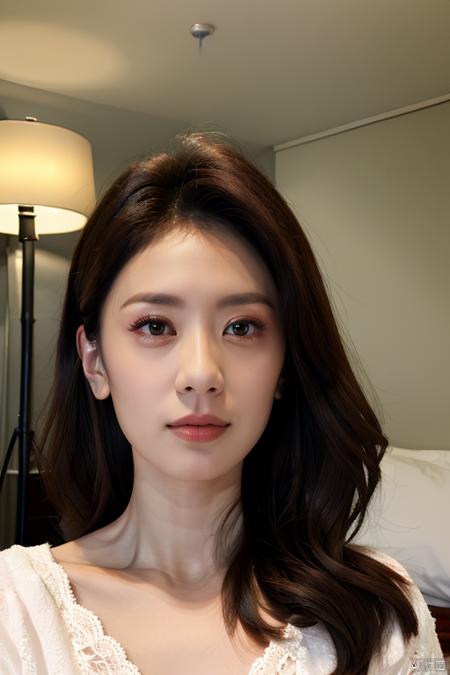 PHOTOREALISTIC REALISTIC, masterpiece, best quality, highres, ultra detailed, 8k, 1woman, bed, looking at viewer, strobe light, make up,  jiajingwen,<lora:EMS-267424-EMS:0.600000>