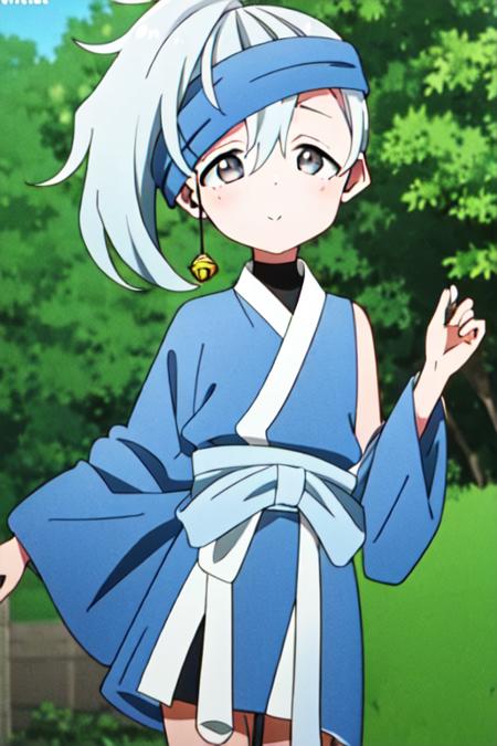 masterpiece, best quality, <lora:kunoichi_kikyou:1> 1girl, solo, grey eyes, grey hair, ponytail, blue headband, single jingle bell, kimono, one long sleeve, wide sleeve, looking at viewer, cowboy shot,