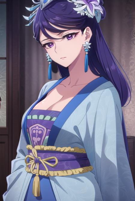 lihua, <lora:lihua s1-lora-nochekaiser:1>,
lihua, long hair, (purple eyes:1.1), purple hair, flower, earrings, hair flower, makeup, lipstick,
BREAK cleavage, jewelry, chinese clothes, hanfu,
BREAK indoors,
BREAK looking at viewer, (cowboy shot:1.5),
BREAK <lyco:GoodHands-beta2:1>, (masterpiece:1.2), best quality, high resolution, unity 8k wallpaper, (illustration:0.8), (beautiful detailed eyes:1.6), extremely detailed face, perfect lighting, extremely detailed CG, (perfect hands, perfect anatomy),