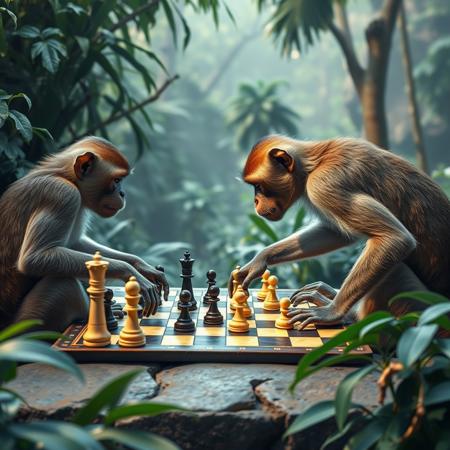 two monkeys playng chess in the jungle on a realistic 8x8 chess table with few pieces