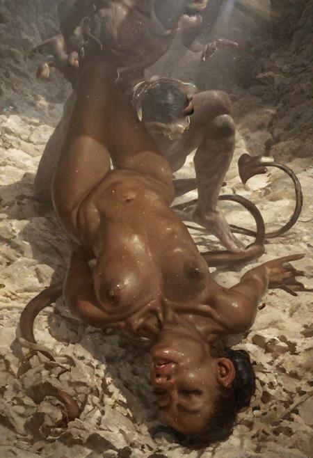 hijabi,demon pulling abaya, deteriorating abaya, pulling hijab, no escape, demon pulling abaya, full body, sharp focus, detailed skin, full body, sharp focus, detailed skin, fat, pores, sweat, small breasts, 20 years old,no escape, contorted poses , held down by demon in the web ,repenting for being a slut ,detailed skin face and eyes, photo from above, score_9, score_8_up, score_7_up, resisting, trying to stand ,demon harassing, forced pleasure demon, brown skinned woman, black veiny demon, demonic spiders, demon sucking nipples, demon sucking nipples, tail wrapped around boobs. Detailed natural skin and blemishes without-makeup and acne, breasts,
restrained, driven to insanity, rays of light, detailed, high res, ultra detailed cinematic, volumetric lighting, dynamic lighiting, real shadows, dark cave, cave, dingy, smokey, masterpiece, award-winning,
Expressiveh