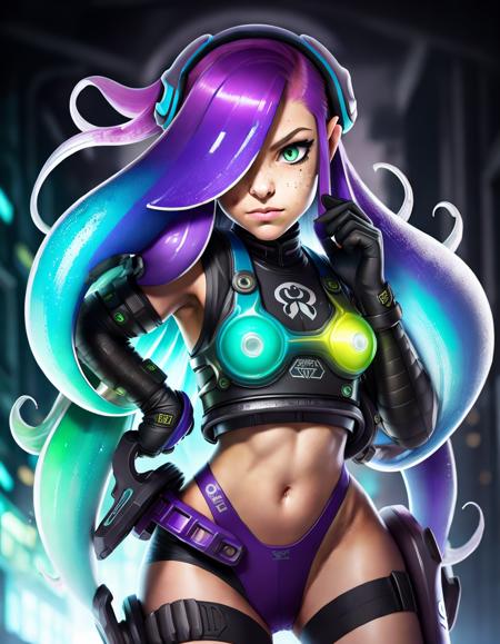 kkw-Splatoon 1girl, rainbow hairs, green eyes, cyberpunk, (kkw-ph-2:1.001)