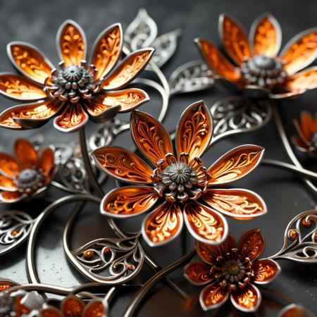 close-up macro shot, delicate iron flowers sculpted with masterful filigree, intricate metal petals curling with ornate precision, liquid magma centers radiating golden-orange hues, dramatic lighting, shallow depth of field, glowing embers casting soft reflections on metallic surfaces, surreal nature, fantasy realism, photorealistic textures, hyper-detailed, studio lighting, 100mm macro lens, breathtaking composition