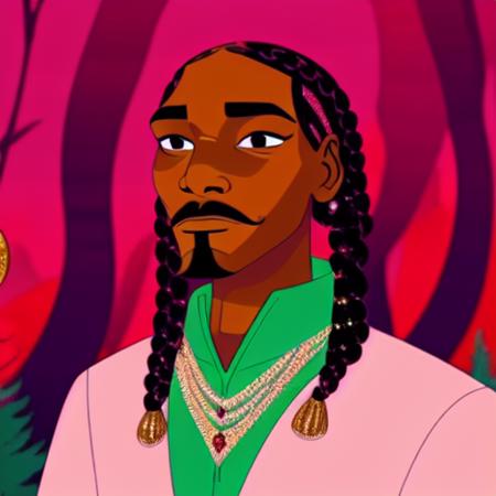 Perfectly-centered portrait-photograph of snoop dog with (long braids), (glittering red big eyes), standing in a forest of marajuana, smoke emitting in the background,  dwspop style