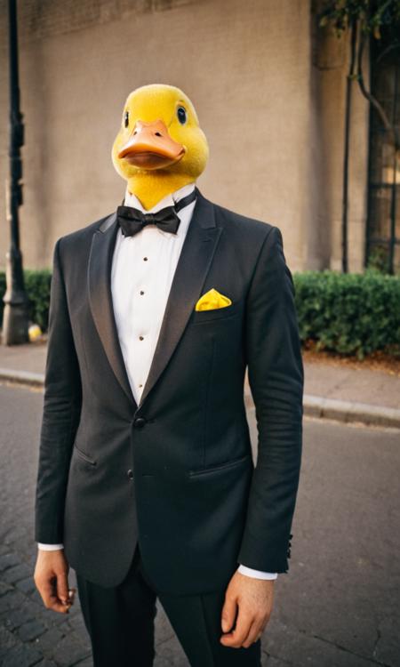 a man posing for a picture in the street, close shot, portrait, wearing tuxedo black suit with a yellow duck drawn on it