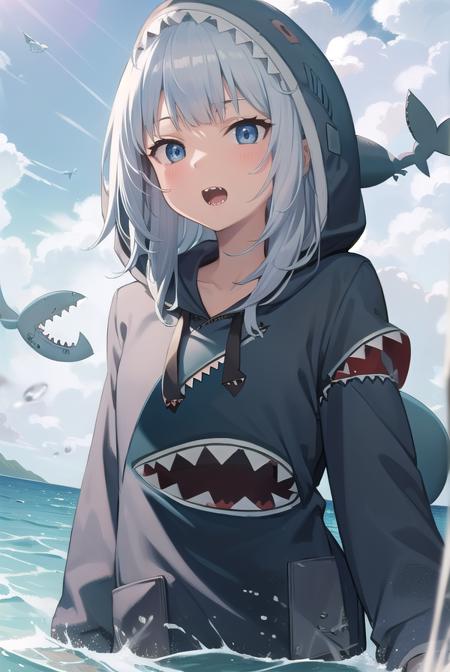 gura gawr, blue hair, grey hair, medium hair, multicolored hair, shark girl, sharp teeth, two side up, teeth, (animal hood:1.5), blue nails, fins, fish tail, hood, long sleeves, (shark hood:1.5), shark tail, tail,