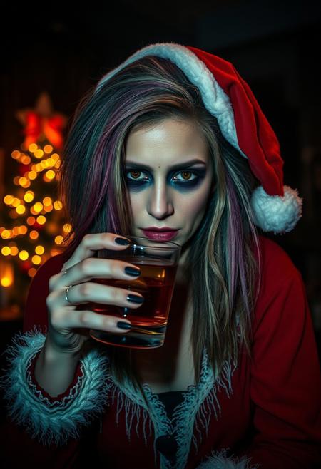 A mid-30s scary woman, Indian housewife with multi-coloured hair, in a dark night time dive rock bar.  Heavy gothic smeared makeup, looking at the viewer. She's at the bar. Sad and drunk. She is drinking whiskey, wearing a torn Christmas costume with a Santa Christmas hat. Fairy lights and Christmas tree. Low key lighting. Dark shadows. Cinematic style cyan and orange. Rembrandt Lighting style, partially covered in shadow. soft vignette,  Mechanical vignetting, horror scene, dark rooms, girl, gore