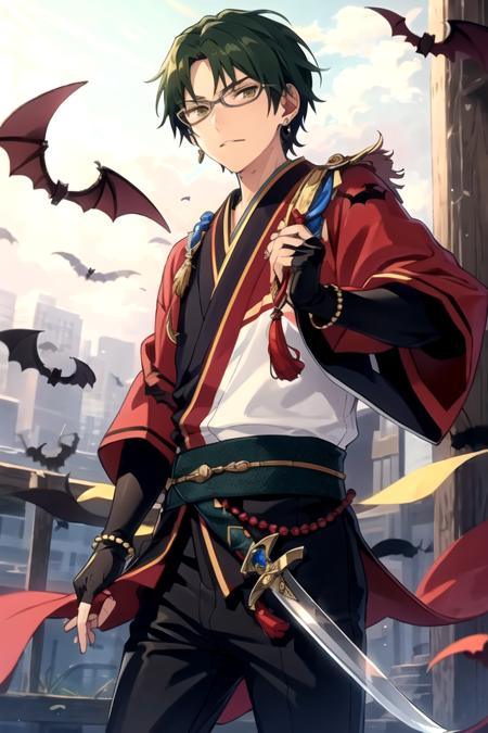 <lora:Keito-07:0.7> , keitoes, looking at viewer, gloves, holding, jewelry, weapon, earrings, japanese clothes, pants, sword, fingerless gloves, holding weapon, collar, bracelet, tassel, beads, bat (animal)