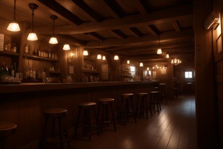 cinematic film still interior, rustic tavern, staircase, bar, high quality, best quality, high detail, high res, 4k, 8k,  . shallow depth of field, vignette, highly detailed, high budget, bokeh, cinemascope, moody, epic, gorgeous, film grain, grainy