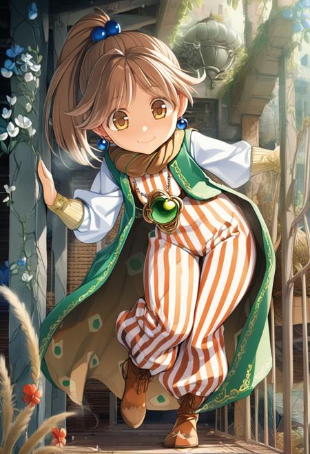 1girl,<lora:porom dsff4XL:1>,porom dsff4,hair bobbles,scarf,necklace,cape,earrings,striped pants,boots,full body,standing,smile,ultra-detailed,best quality,masterpiece