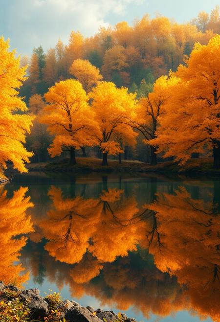 Stunning detail reflection of golden and orange katsura trees around a natural round lake, autumn, realistic, wide shot, art style of Studio Ghibli, magical, whimsical atmosphere, vibrant colors, beautifully lit, serene landscape