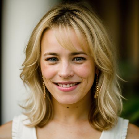 Realistic photo of a beautiful r4ch3lm-v2 woman, 1girl, solo, long hair, looking at viewer, smile, (((blonde hair))), jewelry, upper body, earrings, teeth, mole, grin, lips, mole under eye, messy hair, portrait, freckles, realistic, mole on neck, mole on cheek, soft lighting, professional Photography, Photorealistic, detailed, RAW, analog, sharp focus, 8k, HD, DSLR, high quality, Fujifilm XT3, film grain, award winning, masterpiece<lora:r4ch3lm-v2:1.0>