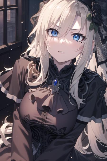 kriemhild, blue eyes, long hair, mole, mole under eye, pale skin, white hair, wavy hair, ascot, black capelet, black dress, black flower, black gloves, black headwear, black rose, capelet, dress, flower, gloves, hat, long sleeves, rose, veil,