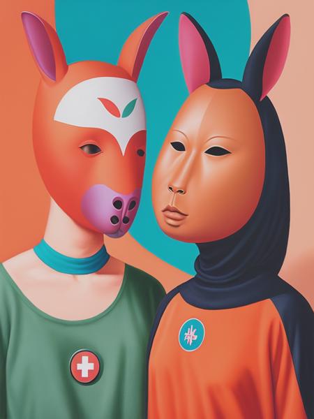 <lyco:AlexGross:1.0> an illustration of people who are standing with two masks on, in the style of ren hang, naive childlike, medicalcore, depiction of animals, alex gross, polychrome terracotta, bunnycore