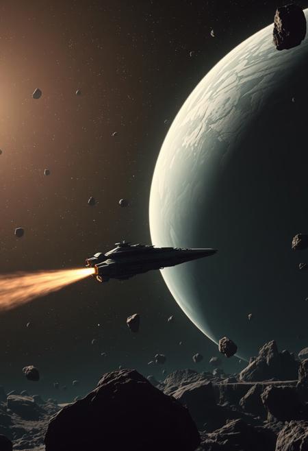realism, space in which a spaceship flies leaving a plume behind it, a planet against the background of an asteroid field, soft light, contrast, the ship flies to a huge station, source star wars