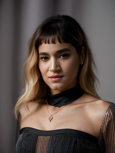 Realistic photo of a beautiful s0f14b woman,1girl,solo,breasts,looking at viewer,bangs,blonde hair,long sleeves,dress,brown eyes,jewelry,striped,belt,medium hair,necklace,nail polish,black dress,lips,makeup,black nails,hands on hips,soft lighting, professional Photography, Photorealistic, detailed, RAW, analog, sharp focus, 8k, HD, high quality, masterpiece<lora:s0f14b:1.0>