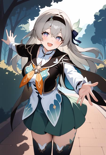 aahotaru, long hair, grey hair, black hairband, hair ornament, hair ribbon, multicolored eyes, breasts, black cape, dress, long sleeves, green skirt aahotaru, long hair, grey hair, black hairband, hair ornament, hair ribbon, multicolored eyes, breasts, white bodysuit, plugsuit