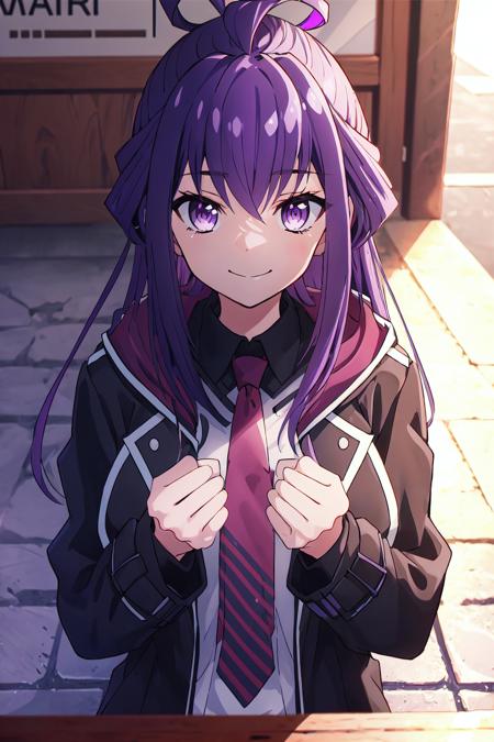 nno, purple eyes, purple hair, long hair, bang, black-burgundy jacket, burgundy tie, looking at viewer, smile, fantastic outdoor
high quality, best quality, ultra detailed, masterpiece, big breast, detailed hands, <lora:EMS-51889-EMS:0.600000>