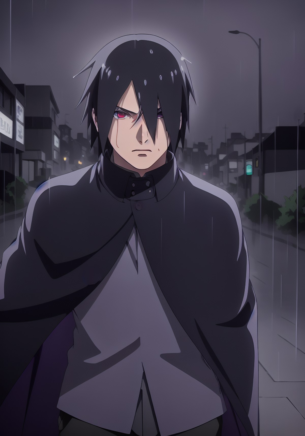 Sasuke Boruto, masculine male, muscular male, black hair, large pectorals, blue cape closed with purple vest underneath, l...