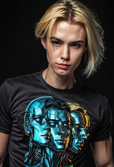 ( Ultradetailed desing T-Shirt square inside portrait woman and take only head Android man and kissing, Sci-Fi marc , 8k , tecnology detailed,chips, mechanism, beautiful neon colors , blonde and black hair, t-shirt desing:1.2)