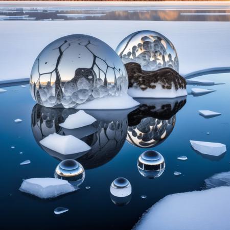 this is formed mercury mirrored spheres embedded in quartz formation in a frozen lake with crystal ice, magnificent abstract modern polarity