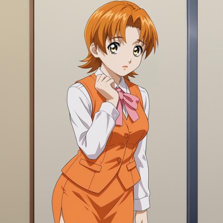 MayumiFujiyama,1girl,orange hair,short hair,yellow eyes, medium breasts, white shirt,long_sleeves,pink ribbon tie,orange vest, orange pencil silkart, brown pantyhose,