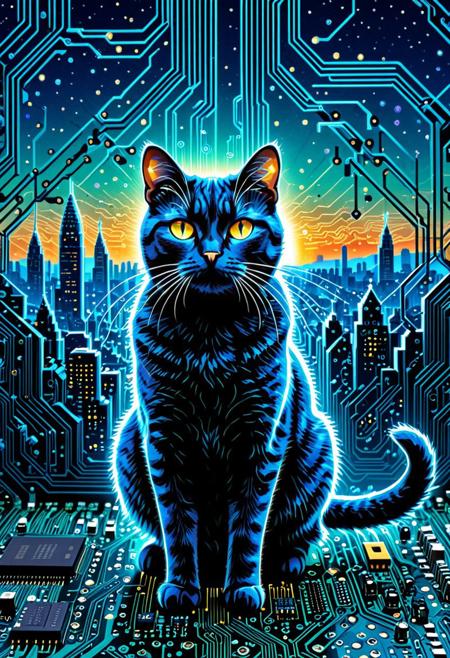 masterpiece, best quality, very aesthetic, absurdres,(score_9, score_8_up, score_7_up),TzigoCBS, epic background, nightsky cityscape landscapes with buildings made of as a circuit board, a cat made of as a circuit board, glowing eyes, vivid eye color, (beautiful eyes:1.2), (gradient iris, crisp iris edges), confident pose, action dynamic pose,