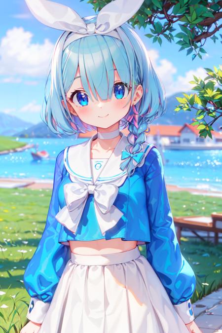 Arona,1girl,solo,shoes,white footwear,braid,blue shirt,serafuku,long sleeves,white sailor collar,hairband,white choker,bangs,smile,closed mouth,single braid,white half skirt,bow hairband,<lora:Arona_åç½å¨:0.8>,(grassland),incredibly absurdres,Large number of environments,the medieval,grace,prospect,water eyes,wind,breeze,lawn,Mountains and lakes in the distance,The sun shines through the trees,A vast expanse of grassland,upper_body,, (masterpiece), (best quality), HDR, intricate detail,