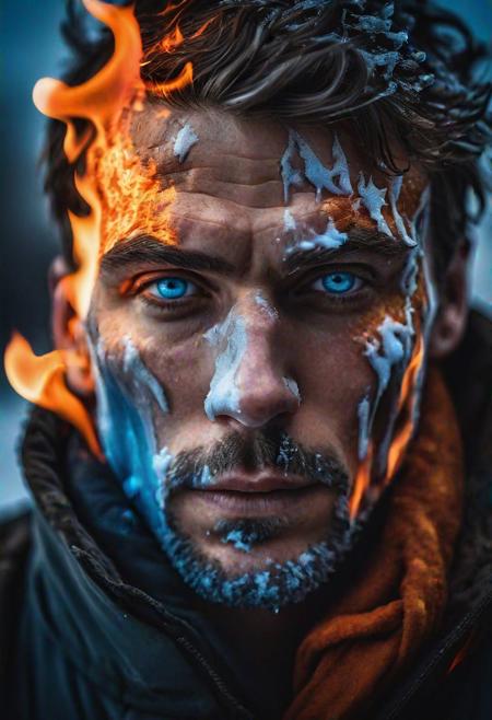 handsome man, right side of his face covered in flames, left side of his face covered in ice, left eye fiery orange, right eye icy blue, fire and ice, cinematic lighting, high quality