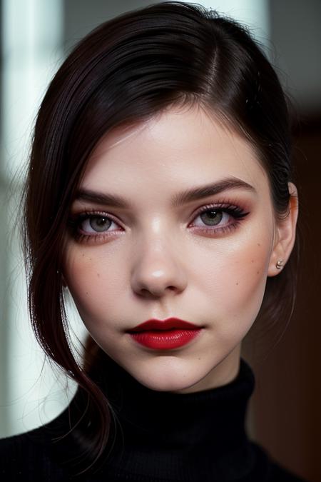 photo of anyataylorjoy:0.99, , a woman, ((turtleneck sweater)), ((closeup, portrait)), ((conference room)),((red lipstick,eyeliner, eye shadow, blush)), ((best quality, masterpiece, extreme details, high resolution):1.2),((detailed eyes, beautiful eyes, detailed face, beautiful face):1.2)