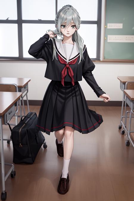 masterpiece, best quality, highres, Sharp focus, dslr photo, HD, UHD, 8K, school, classroom, subaru hoshina, 1girl, solo, long hair, skirt, shirt, long sleeves,   school uniform, ponytail, grey hair, pleated skirt, shoes, serafuku, puffy sleeves, sailor collar, black footwear, neckerchief, brown footwear,  loafers, Twirling with dress flying up <lora:HoshinaSubaruV2:0.85>