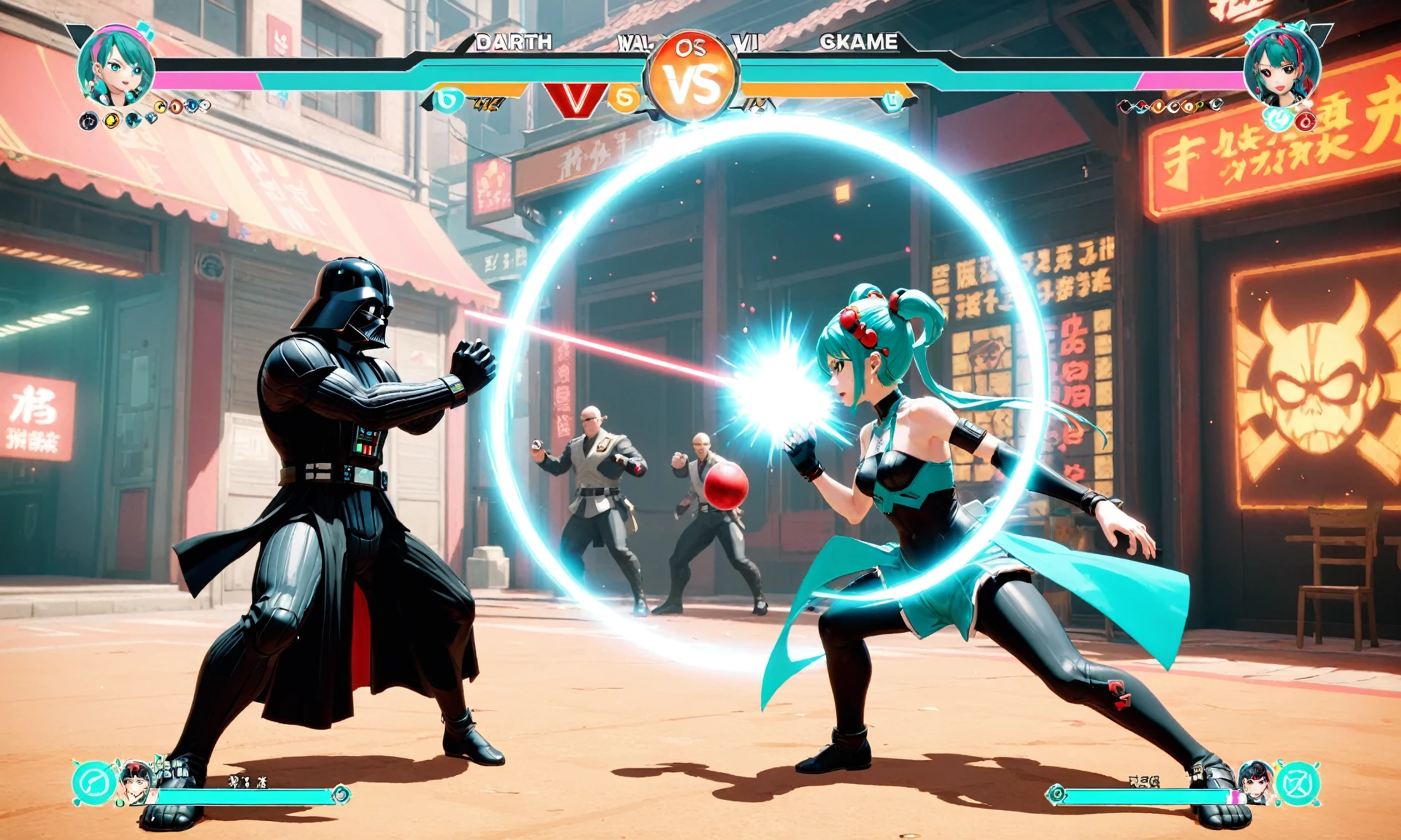 A video game featuring a female character in a blue dress fighting a male character dressed as Darth Vader. The female character is holding a ball, and they are both surrounded by a circle of fire.