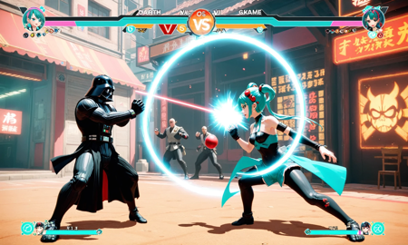 video game screencap, game ui, Darth Vader vs Hatsune Miku in Street Fighter V