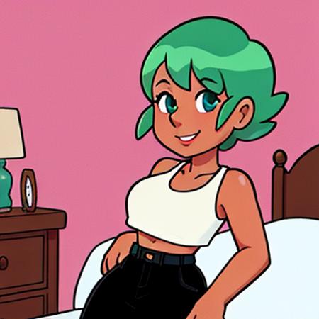 casswiz, green hair, tan skin, white crop top, short hair, bedroom background, medium breast, smile, sexy