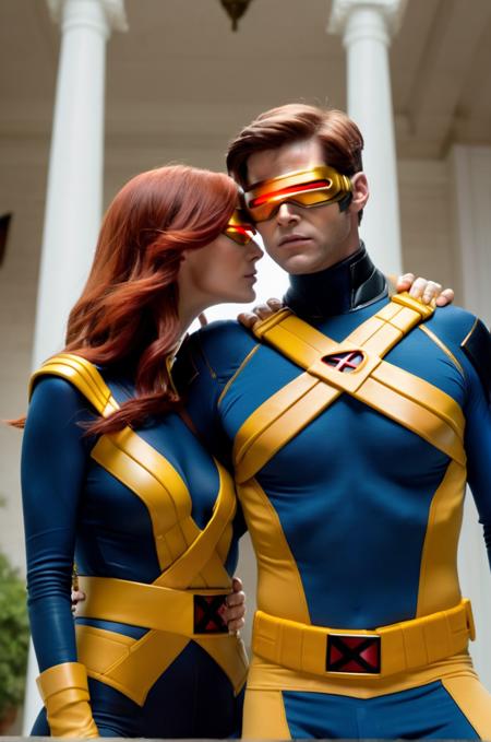 x-men cyclops man, Jean Grey sharing a moment, their connection and love visible, amidst the chaos of the X-Mansion, photorealistic, 8k, emotional depth