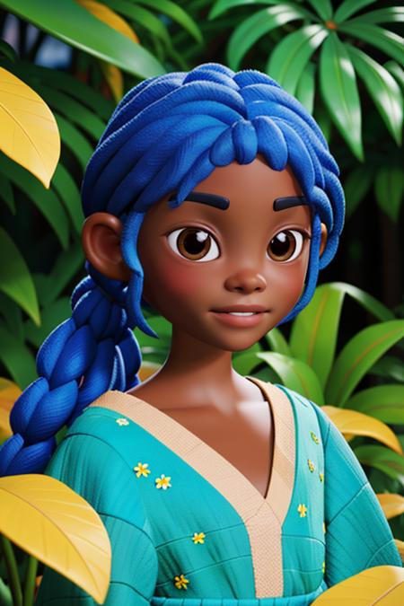 portrait of 1 girl with black skin and blue hair, in lush jungle with flowers, 3d render, cgi, symetrical, octane render, 35mm, bokeh, 9:16, (intricate details:1.12), hdr, (intricate details, hyperdetailed:1.15), (natural skin texture, hyperrealism, soft light, sharp:1.2), detailed, sunlight passing through foliage