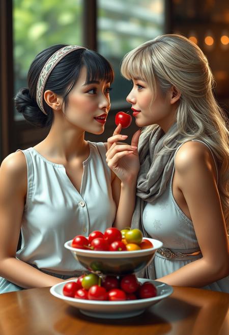 real life realistic, two beautiful women at a table, bowl of fruit between them, women looking in each other's eyes lovingly as one offers a cherry to the open mouth of the other woman.  One  hand is on the cheek of the other woman. one Asian, one blonde Swede. one small breasts, one large breasts. one sleeveless blouse and skirt, one sundress. one headband, one scarf. one bangs, one long hair.
score_9, score_8_up, very detailed, detailed eyes,  high detailed texture, realistic, photorealistic, perfect eyes, real life realistic, Expressiveh, Stable_Yogis_PDXL_Positives, midjourneylora, detailed background, dynamic angle, volumetric lighting, godrays, beautiful, small breasts, green eyes,