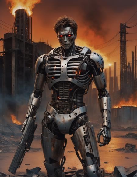 The Terminator, a cyborg with a metal endoskeleton, is standing in a post-apocalyptic wasteland. He is holding a shotgun and has a serious expression on his face. There is a burning city in the background.