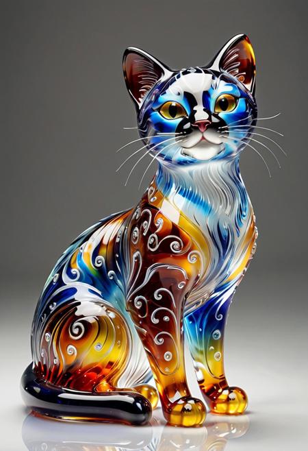 a majestic cat sculpture made of colorful Murano glass, highly detailed, translucent glass body, intricate swirls of color, elegant lighting, studio background, realistic reflections, art style, murano_glass_style