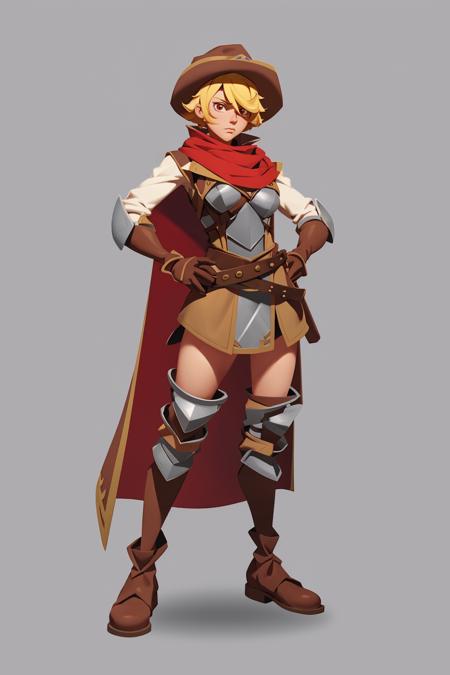 concept art, european and american cartoons, game character design, 1girl, solo, blonde, gray background, hat, red eyes, thighs, gloves, armor, boots, full body, simple background, brown gloves, standing, hands on hips, belt, short hair, brown footwear, looking at the audience, cuirass, cape, breasts, <lora:oukaV5:0.8>,