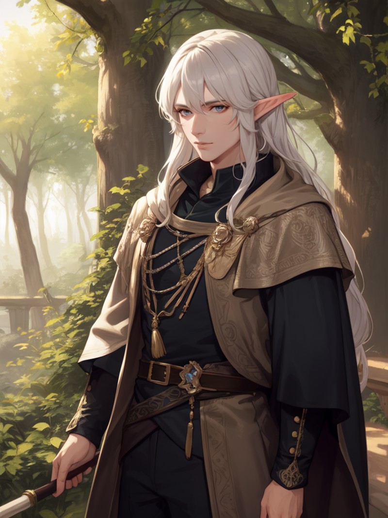 8k, masterpiece, highly detailed, solo, handsome elven man, forest