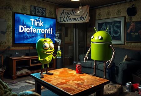 "In a grimy, dilapidated Florida crackhouse, a cartoonish green apple with exaggerated eyes and twisted limbs faces off against the iconic Android logo robot. The apple, perched on a stained coffee table, holds a meth glass pipe in one hand, with acrid smoke billowing from it. In its other hand, it clutches a lighter, flickering ominously.
The massive OLED TV mounted on the wall casts a harsh, flickering light, creating unsettling shadows as it plays an unnervingly vivid Apple commercial. The room’s walls are grimy, covered in graffiti, and peeling wallpaper hangs in tatters. The floor is strewn with trash, broken furniture, and empty cans.
The Android robot, with a rusted, dented exterior and malfunctioning eyes, stands in a defensive stance with twitching antennae. Above the TV, a warped cardboard sign with 'Think Different!' hangs crookedly, its jagged lettering backlit by flickering LEDs that cast eerie shadows on the peeling walls.
The air is thick with mildew, decay, and the sharp scent of meth smoke. The green apple’s glossy skin and the Android’s grimy, rusted body are harshly illuminated by the flickering light, heightening the bizarre and unsettling confrontation in this derelict, drug-ridden setting."