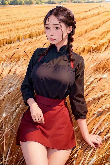 <(realistic:1.3), intricate details>, 1girl,full body,legs,wheat field,  braided bangs,braided ponytail,(solo:1.2),apron,thick thighs,side-tie panties, balck hair, 16yo,(on back:1.2),(cungu:1.2) ,<lora:cungu:1> ,red dress