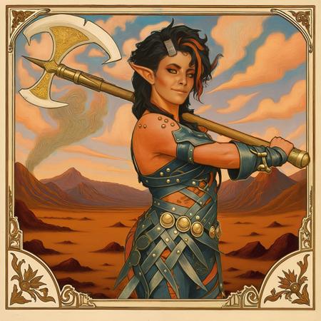 Karlach, Baldur's Gate 3, Baldurs Gate 3, black haired red skinned elf woman, point ears, red skin, dark red skin, studs, rivets, holding an battle axe, punk, black horns, black leather, black leather straps, cat eyes, yellow eyes,
art nouveau style, Alphonse Mucha Style, ArsMJStyle, Art Nouveau, AlfMch, style of Alphonse Mucha,
best quality, ultra-detailed,